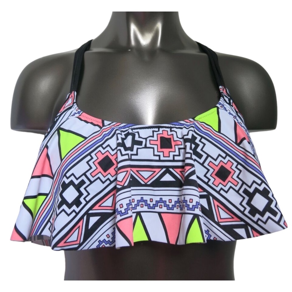 Victoria's Secret PINK Multi Geo Tribal Crochet Racerback Flounce Bikini Top S